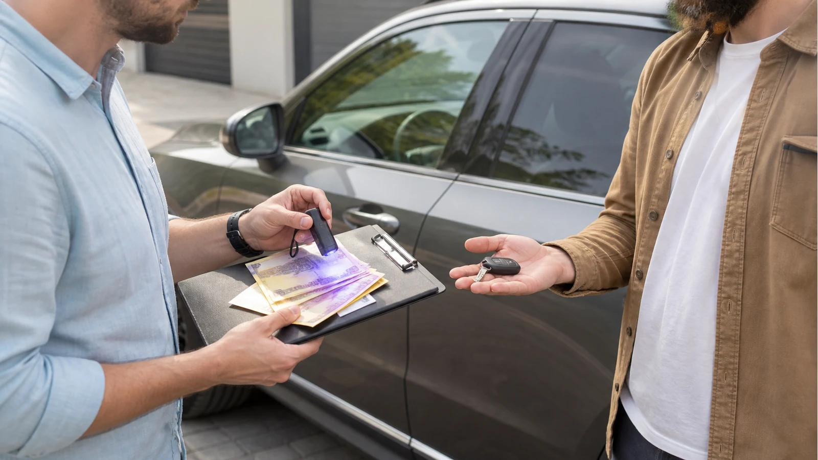 A private car seller checking cash before handing over vehicle keys.