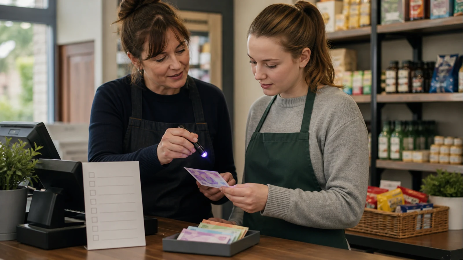 A manager training a cashier to check polymer banknotes at a till.