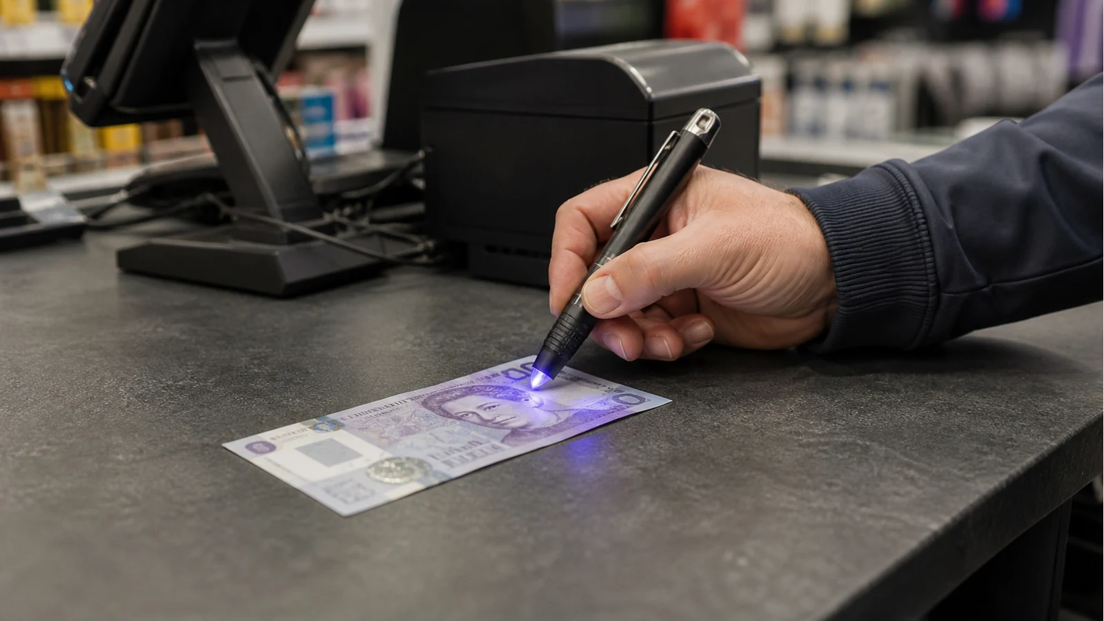 A shop worker using a portable UV pen to check a polymer banknote at a UK counter.
