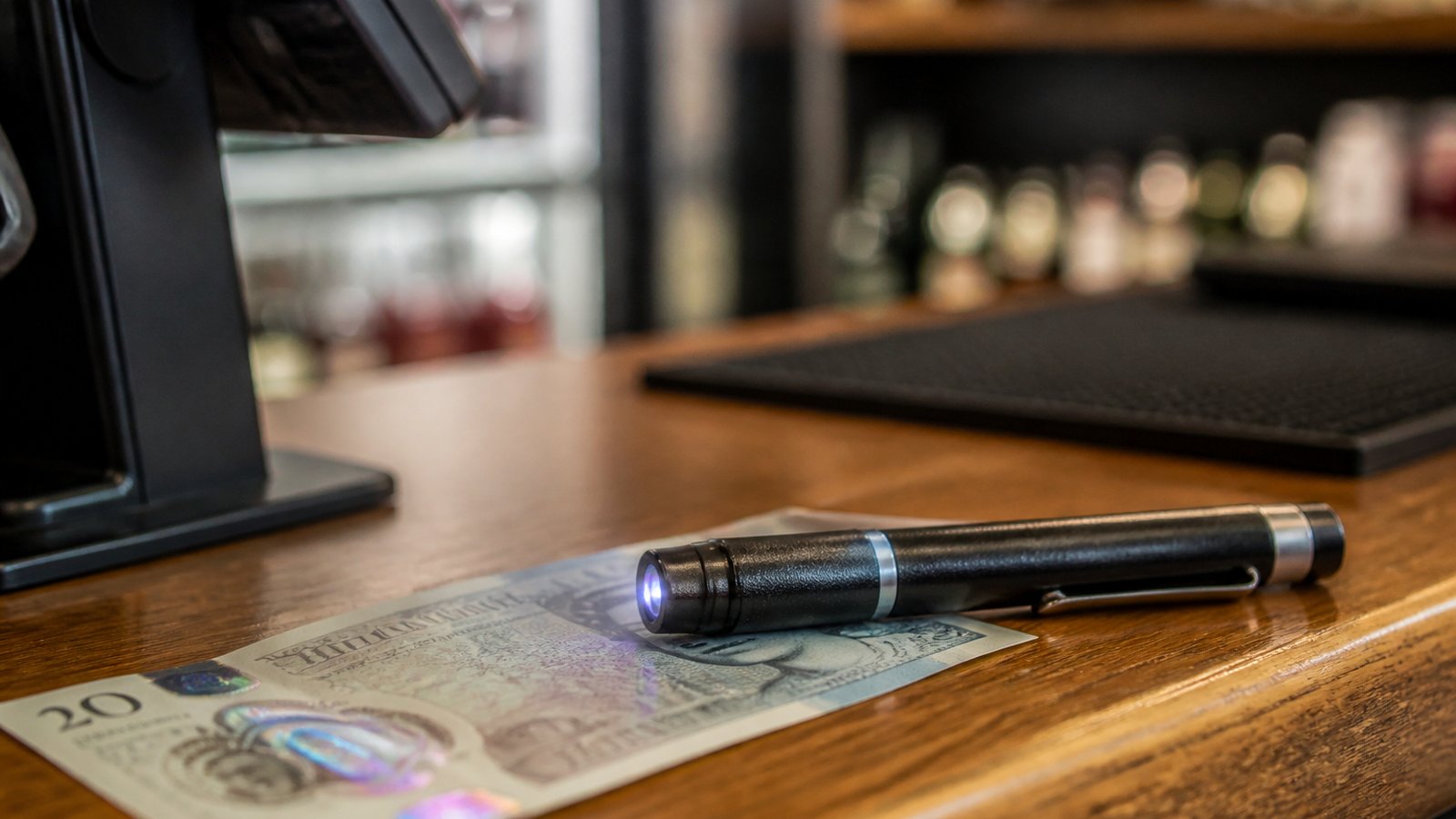 Pocketable battery UV pen on a clean British till ledge