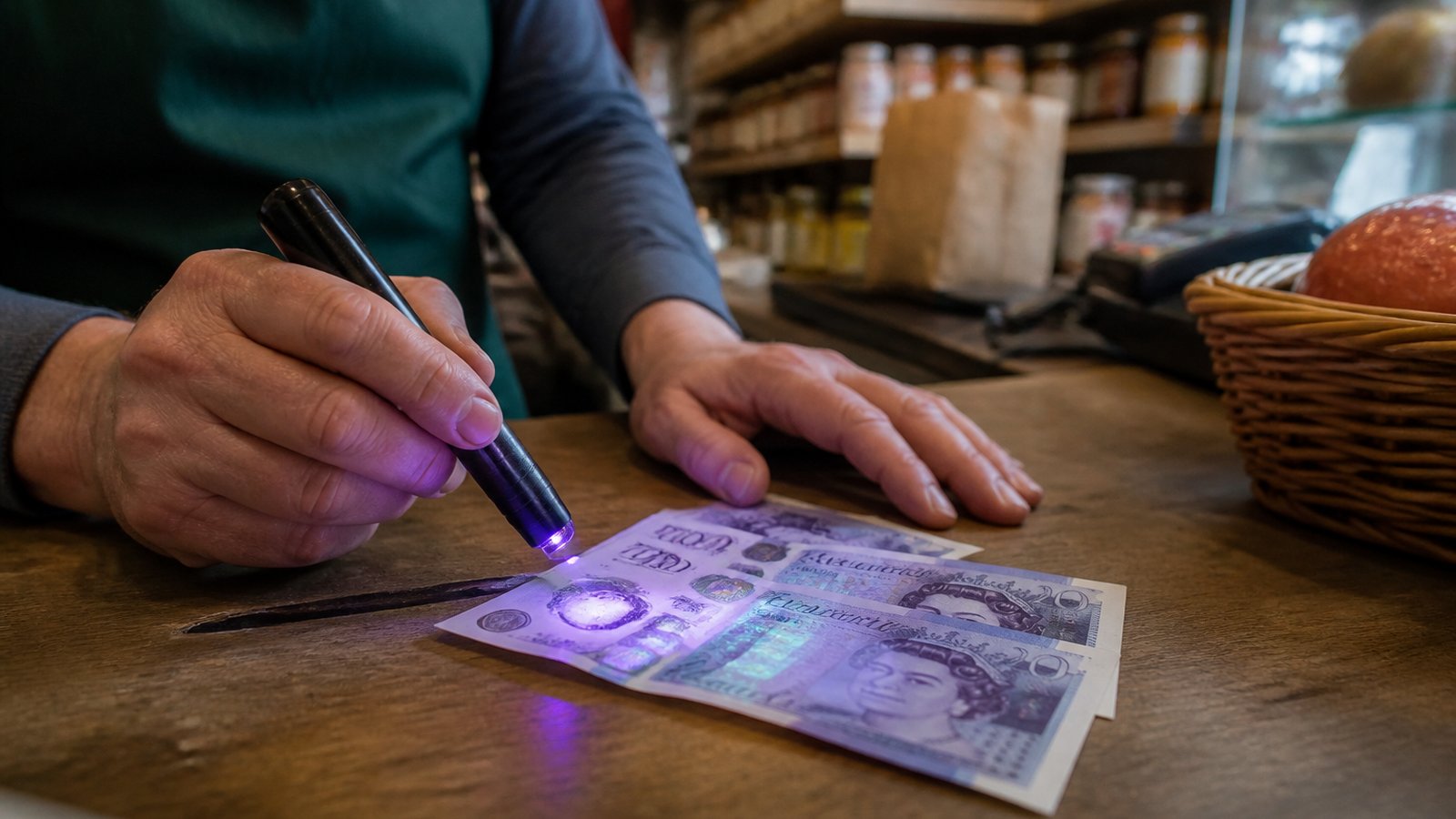 UV pen beside polymer notes on a calm shop counter