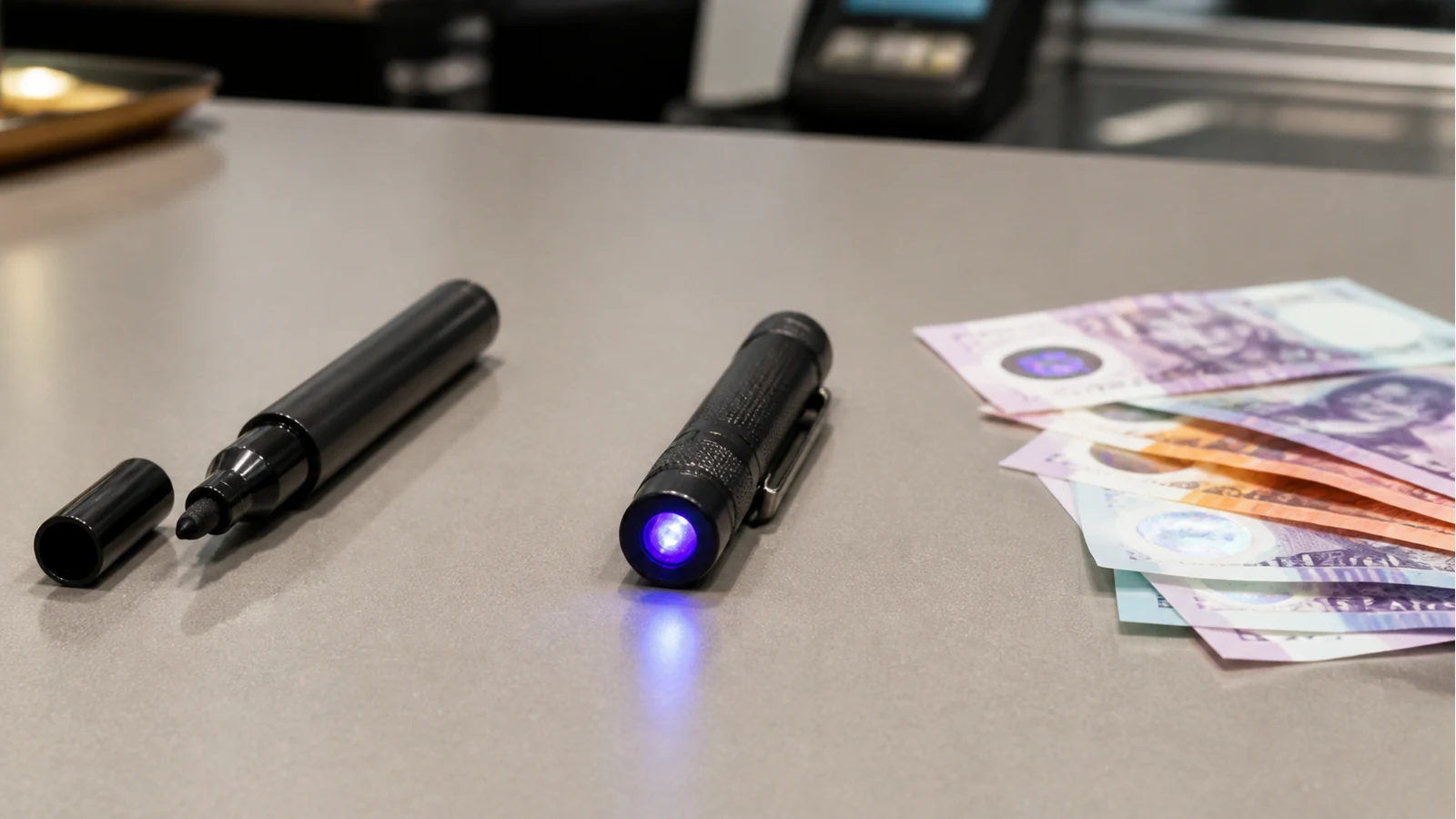 Ink marker and portable UV pen compared beside UK polymer banknotes.