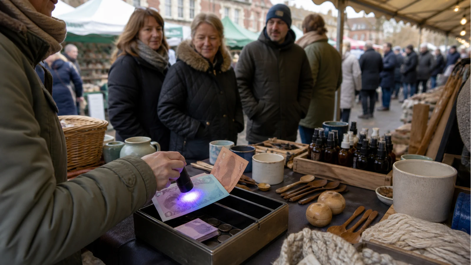 A market stall cash setup with a portable note checker ready beside a money tray.