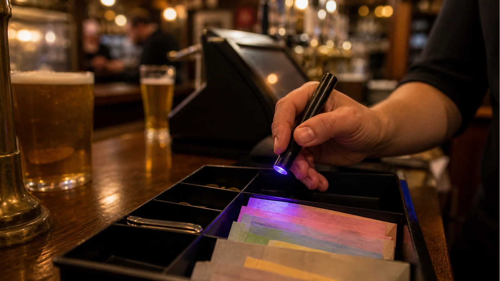 A busy pub till area set up for quick counterfeit note checks.